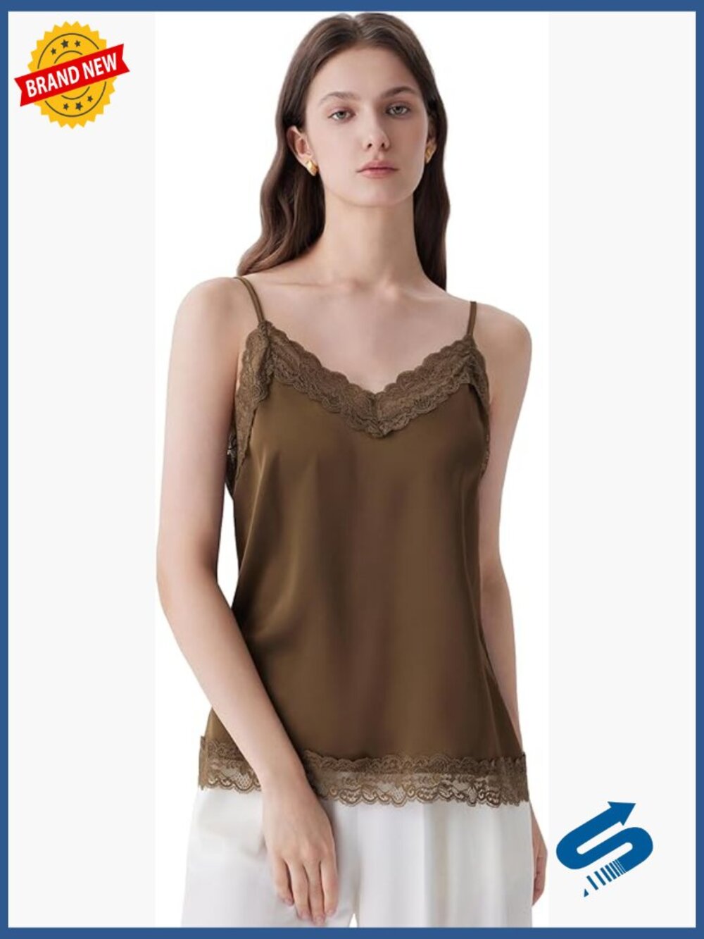 Silk Satin Camisole Tank Top with Lace Trim V-Neck Adjustable Spaghetti Straps